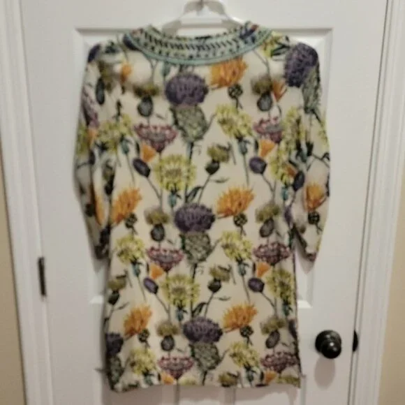 Tolani Floral Boho Tunic Top Womens Size Small Tassel Tie V Neck Sheer India - Picture 7 of 12